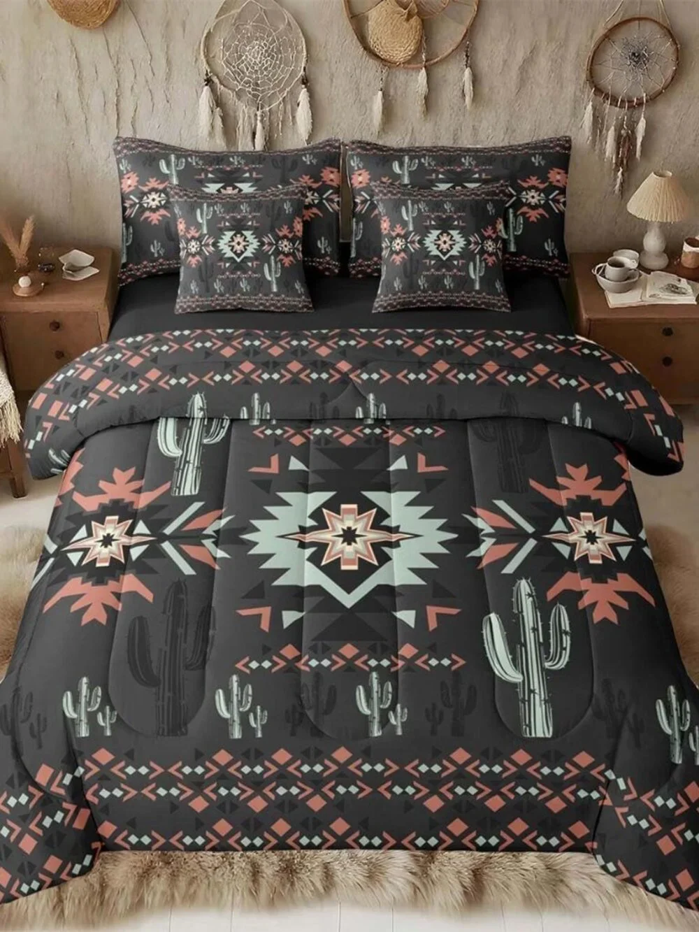 Khaki Southwestern Aztec Comforter Set with Sheets 7 Piece King Size Geometric V